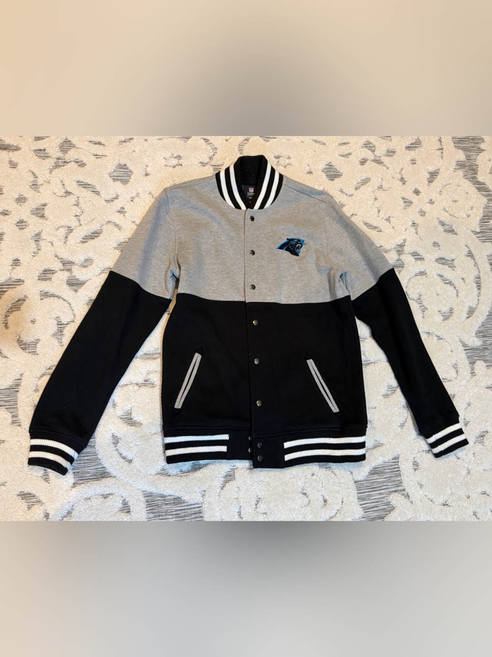 Carolina Panthers Gray and Black Youth Varsity Jacket with Team Patch size 14/16